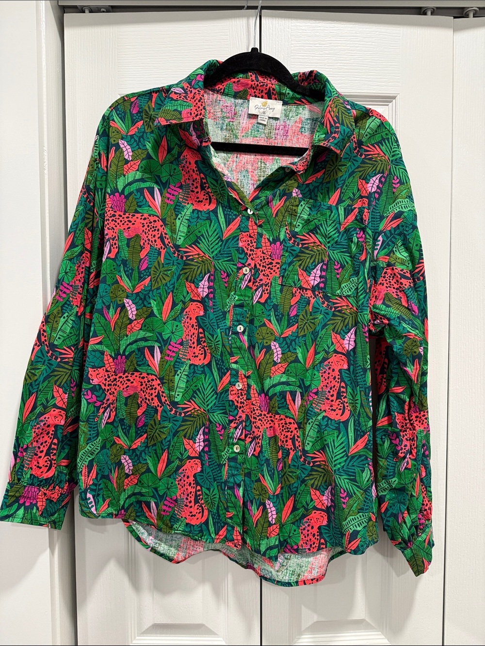 Oversized Green Tropical Button-Up Shirt with Pink Leopard Print